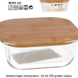 1x Glazen voorraad/vershoud bakje bamboe deksel vierkant 17,5 x 17,5 x 7 cm - 1100 ml - Bewaarbakjes ovenbestendig glas