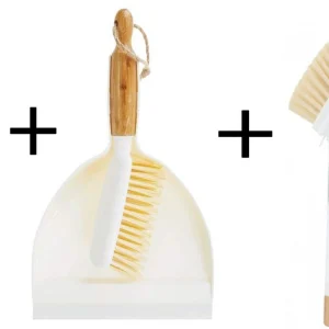 Luxe Set Stoffer en Blik Bamboe|veeggarnituur bamboe Duurzaam beige 37x25cm| Afwasborstel - keukenborstel - rond handvat 10xØ7cm 80gr|afwasborstel & zeepdispenser 25 cm wit 2-delig