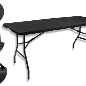 Praktische Vouwtafel: Veilig en Stijlvol - Grote Houtlook Klaptafel voor Terras, Camping en Meer - Eenvoudig Inklapbaar met Veiligheidsgrendel - Handige Buffettafel en Koffertafel - Afmetingen: 180 x 76 x 74 cm - Kleur: Zwart
