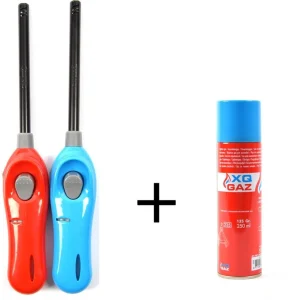 1x Gasbus butaan gasfles 250 ml vulling Incl 2x gasaansteker 26cm barbecue aanstekers