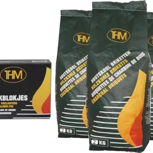 3X houtskoolbriketten van 2 KG inclusief aanmaakblokjes 64 Stuks - Barbecue - BBQ - 3 Stuks