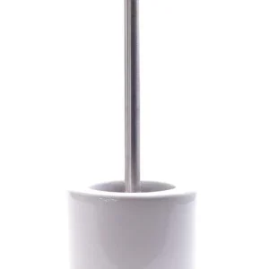 Premium Witte Porseleinen Toiletborstelhouder met RVS Toiletborstel - 40x16cm - Glans Wit | Duurzame en Moderne Glanzende Borstel Houder met WC Borstel | Toilet Borstel in Ronde Houder