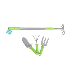 Handzame Tuinhark - Groen & Silver - 90cmx12.5cm - 3-delige Tuingereedschapset - Metaal & Plastic - Inhoud: 1 hark, 3 stuks tuingereedschap