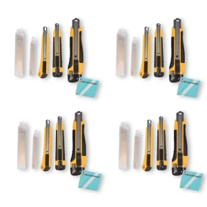 Set van 4 Complete Afbreekmessen en Breekmessen - Geel/Zwart - Licht Metaal - 840G