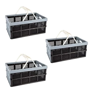 Set van 3 Inklapbaar Plastic Vouwkrat - 40L - Blauw/Zwart - Met Handvatten - Afmetingen: 50cm x 34cm x 24cm