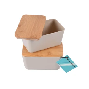Ruime Beige Opbergdoos met Deksel - 13cm x 8cm x 7cm - Vervaardigd met Hout, Plastic en Rubber - Set van 2 stuks