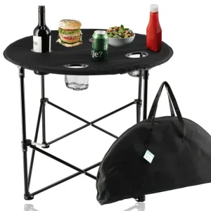 Picknicktafel Inklapbaar Ø 72,5 cm - Lichtgewicht Campingtafel met Bekerhouders & Hoes - Ronde Opvouwbare Tafel voor Binnen & Buiten