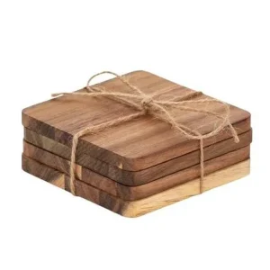 Houten Onderzetters voor Glazen Set van 4 – Vierkante Hittebestendige Antislip Tafel Onderzetters 10x10 cm